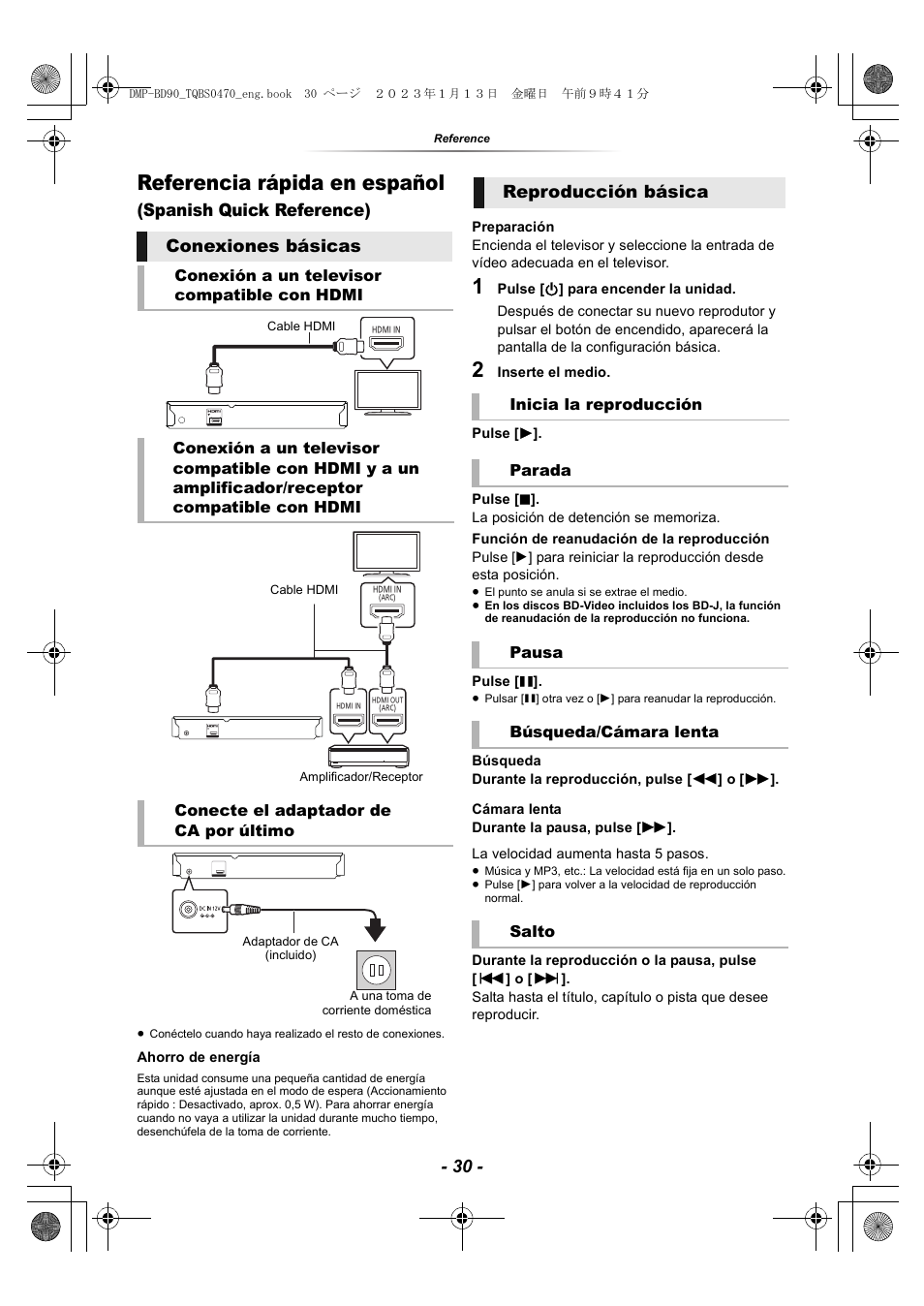 Referencia rápida en español, Spanish quick reference), Conexiones básicas | Reproducción básica | Panasonic DMP-BD84P-K Full HD Blu-ray Disc Player User Manual | Page 30 / 31