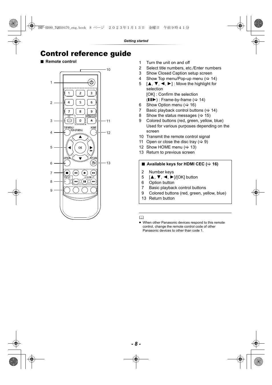 Control reference guide | Panasonic DMP-BD84P-K Full HD Blu-ray Disc Player User Manual | Page 8 / 31