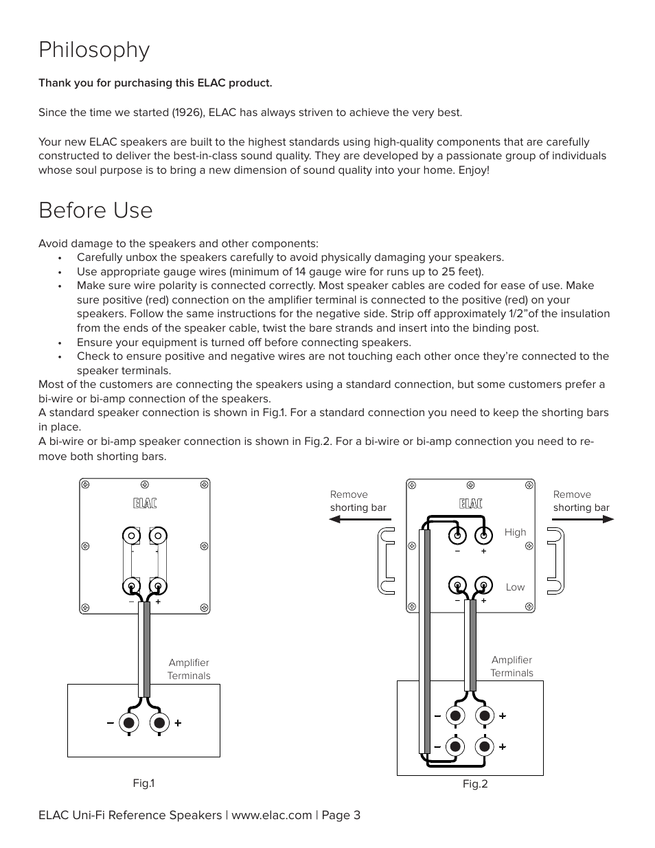 Philosophy, Before use | Elac Uni-Fi Reference UBR62 3-Way Bookshelf Speakers (Satin Black with Walnut Sides, Pair) User Manual | Page 4 / 12