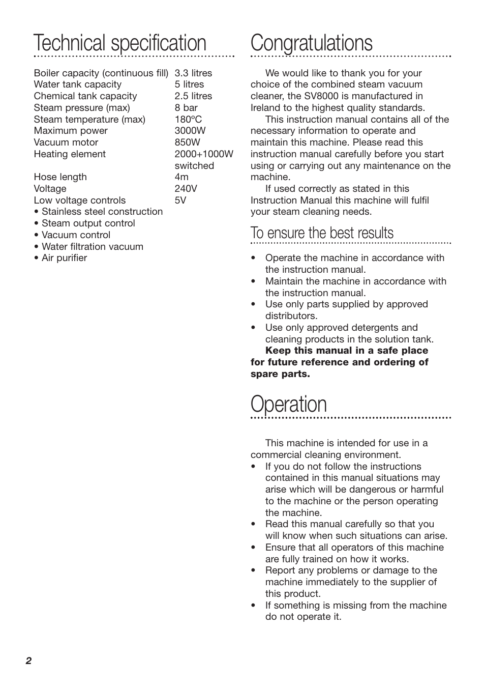 Technical specification, Operation | Dimplex SV8000 User Manual | Page 2 / 12