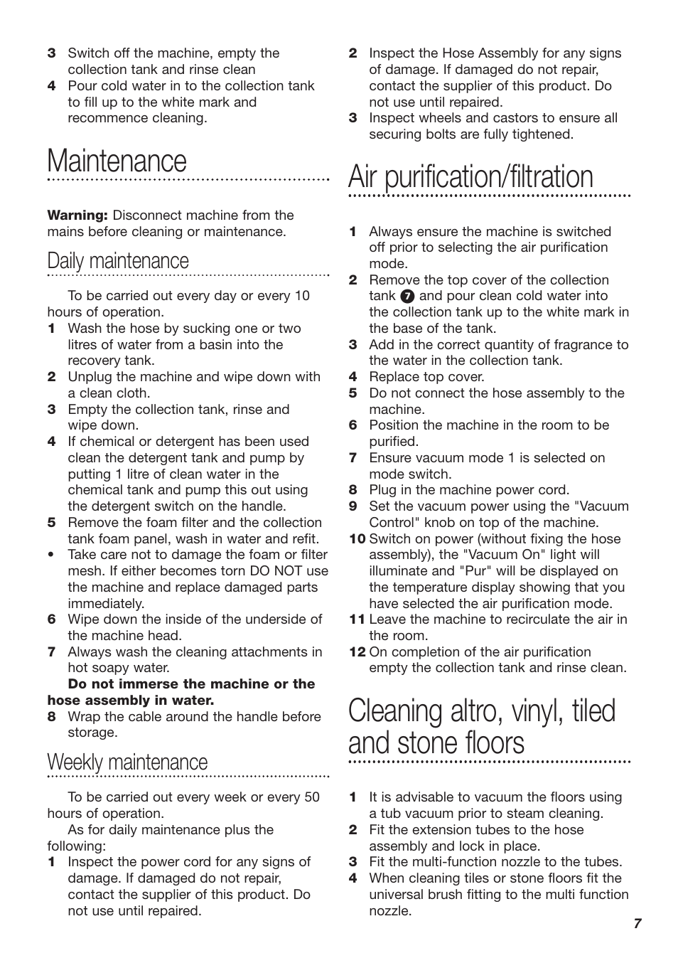 Maintenance, Air purification/filtration, Cleaning altro, vinyl, tiled and stone floors | Daily maintenance, Weekly maintenance | Dimplex SV8000 User Manual | Page 7 / 12