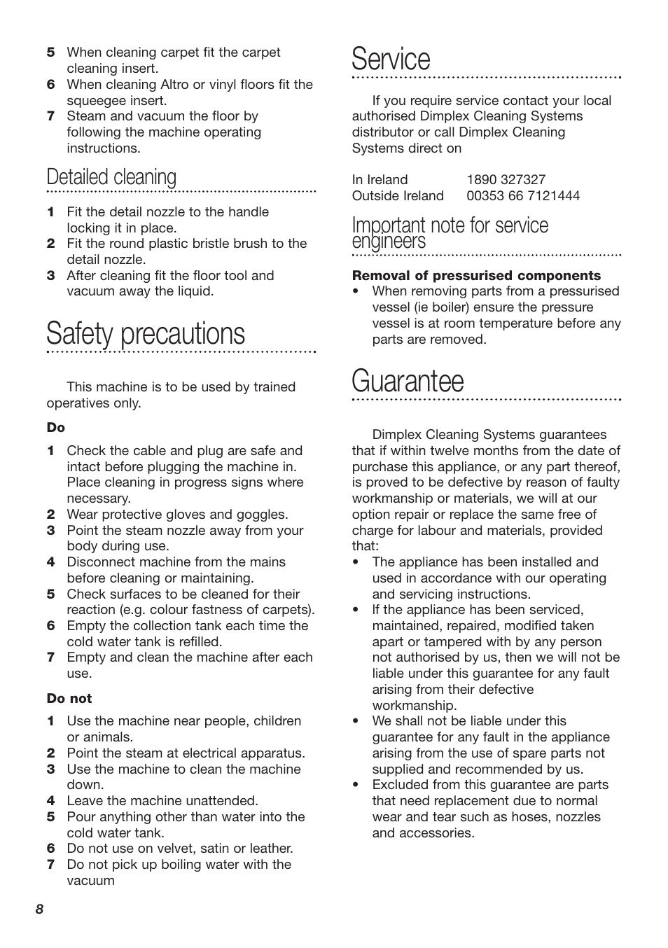 Safety precautions, Service, Guarantee | Detailed cleaning | Dimplex SV8000 User Manual | Page 8 / 12
