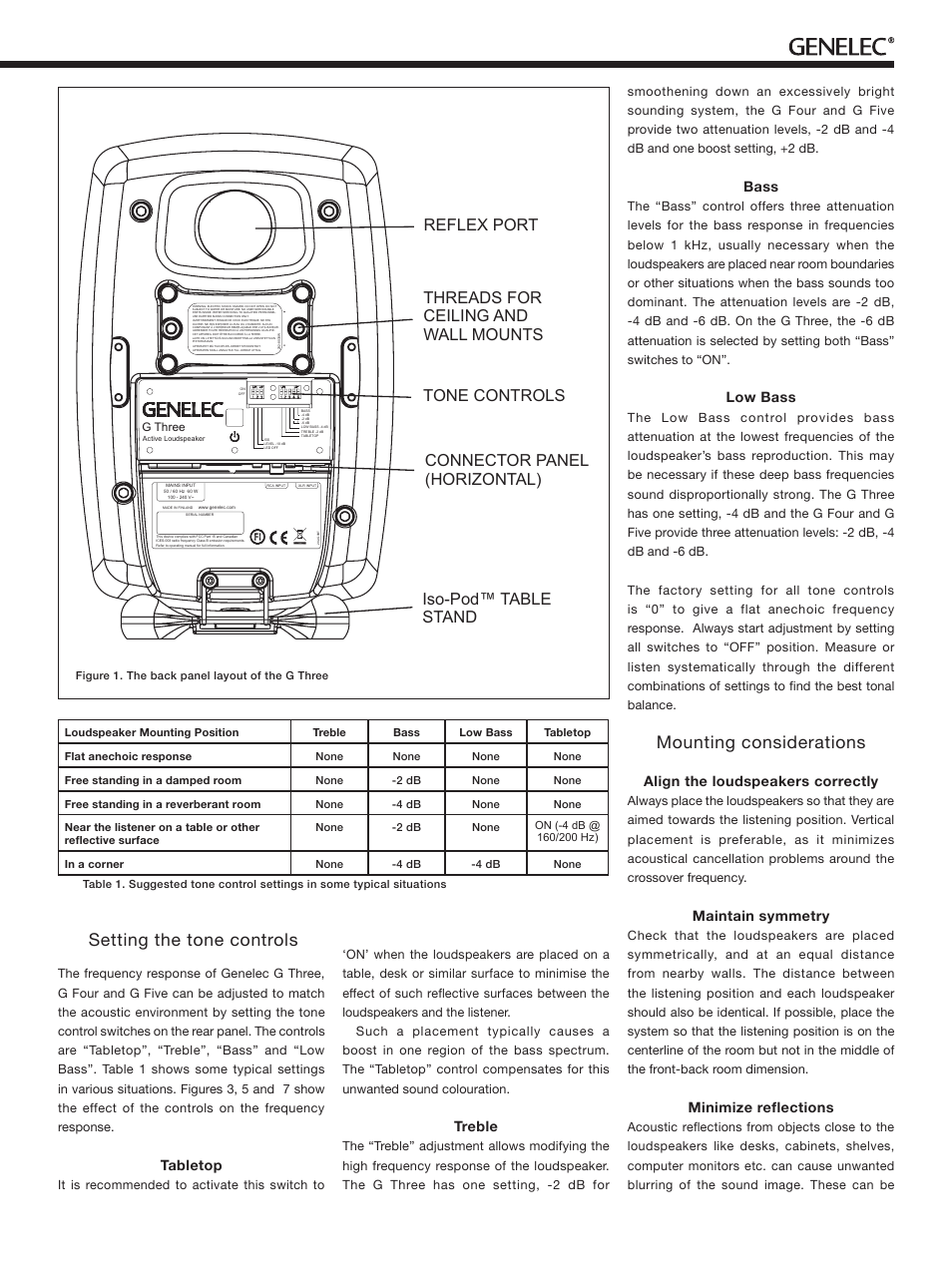 Setting the tone controls, Mounting considerations, Tabletop | Treble, Bass, Low bass, Align the loudspeakers correctly, Maintain symmetry, Minimize reflections | Genelec G Three 2-Way Powered Bookshelf Speaker (Black, Single) User Manual | Page 3 / 12