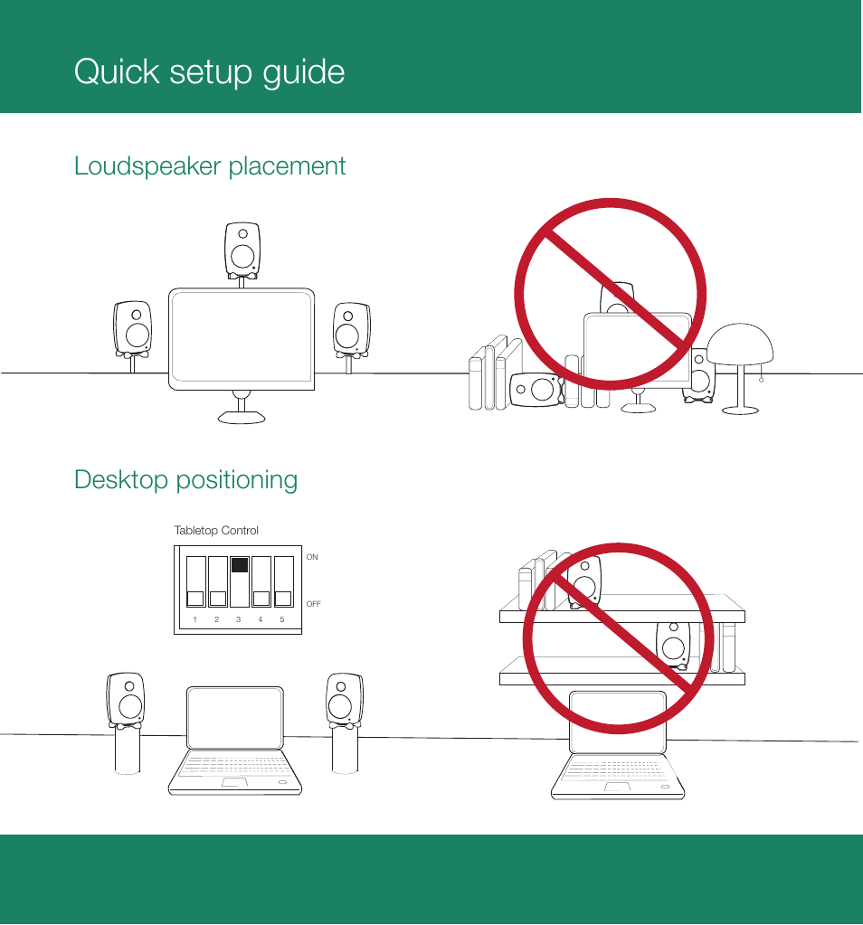 Quick setup guide, Loudspeaker placement desktop positioning | Genelec G One 2-Way Powered Bookshelf Speaker (White, Single) User Manual | Page 2 / 11