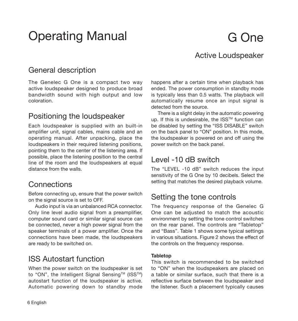G one, Operating manual, Active loudspeaker general description | Positioning the loudspeaker, Connections, Iss autostart function, Level -10 db switch, Setting the tone controls | Genelec G One 2-Way Powered Bookshelf Speaker (White, Single) User Manual | Page 6 / 11