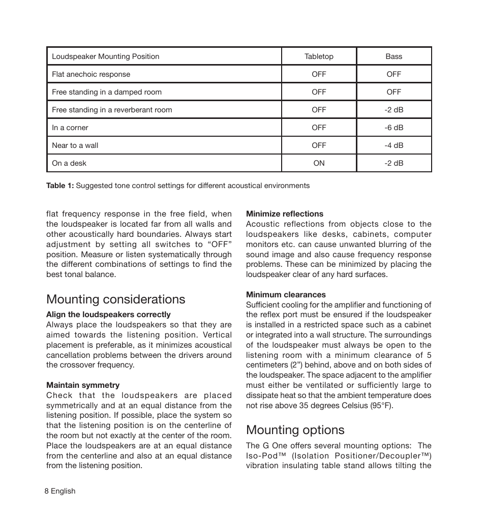 Mounting considerations, Mounting options | Genelec G One 2-Way Powered Bookshelf Speaker (White, Single) User Manual | Page 8 / 11