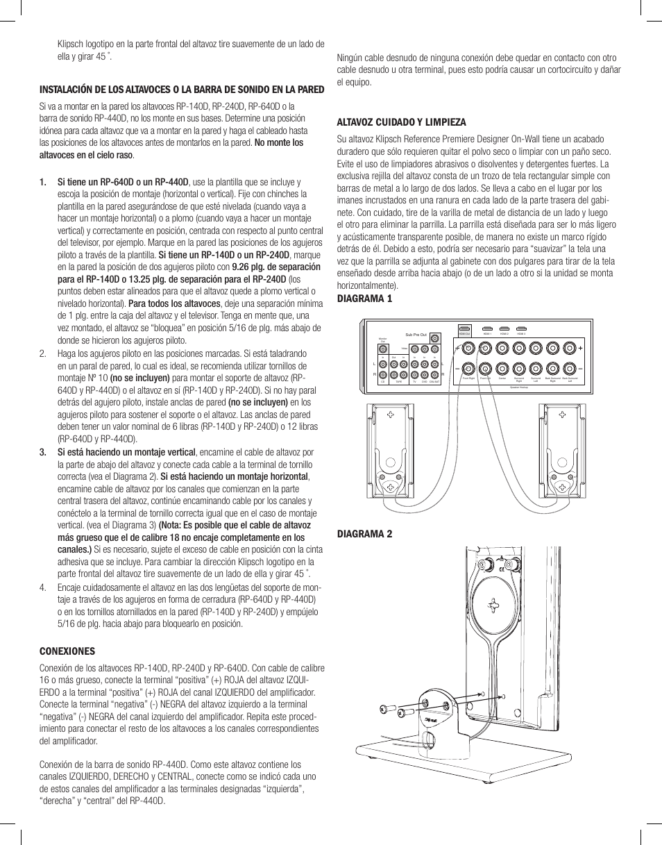 Conexiones, Altavoz cuidado y limpieza, Diagrama 1 diagrama 2 | Klipsch Reference Premiere Designer On-Wall RP-640D 2-Way Speaker (Matte Black, Single) User Manual | Page 10 / 28