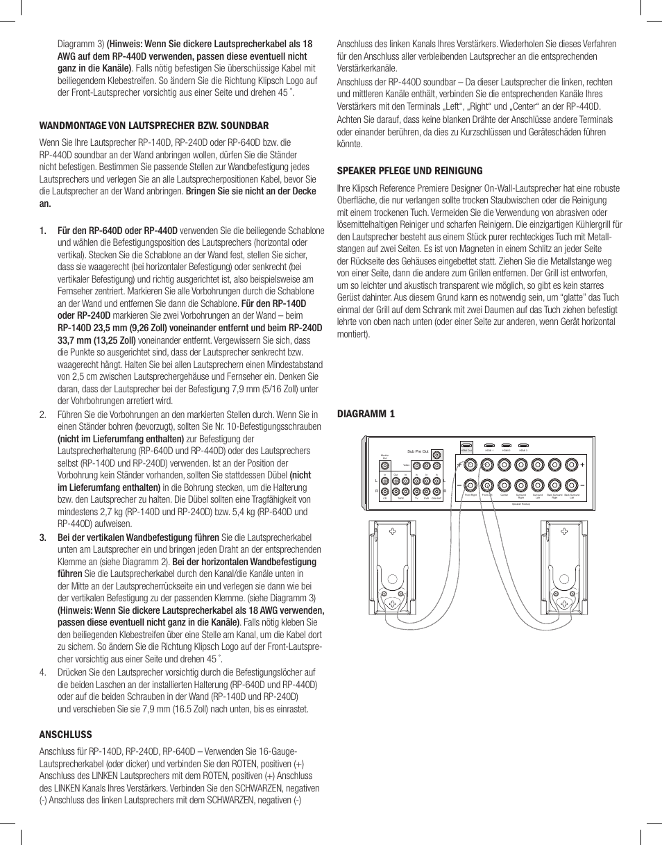 Wandmontage von lautsprecher bzw. soundbar, Anschluss, Speaker pflege und reinigung | Diagramm 1 | Klipsch Reference Premiere Designer On-Wall RP-640D 2-Way Speaker (Matte Black, Single) User Manual | Page 15 / 28