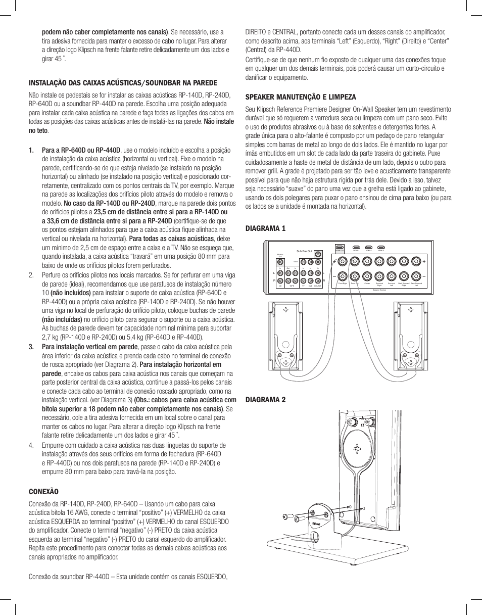 Instalação das caixas acústicas/soundbar na parede, Conexão, Speaker manutenção e limpeza | Diagrama 1 diagrama 2 | Klipsch Reference Premiere Designer On-Wall RP-640D 2-Way Speaker (Matte Black, Single) User Manual | Page 18 / 28