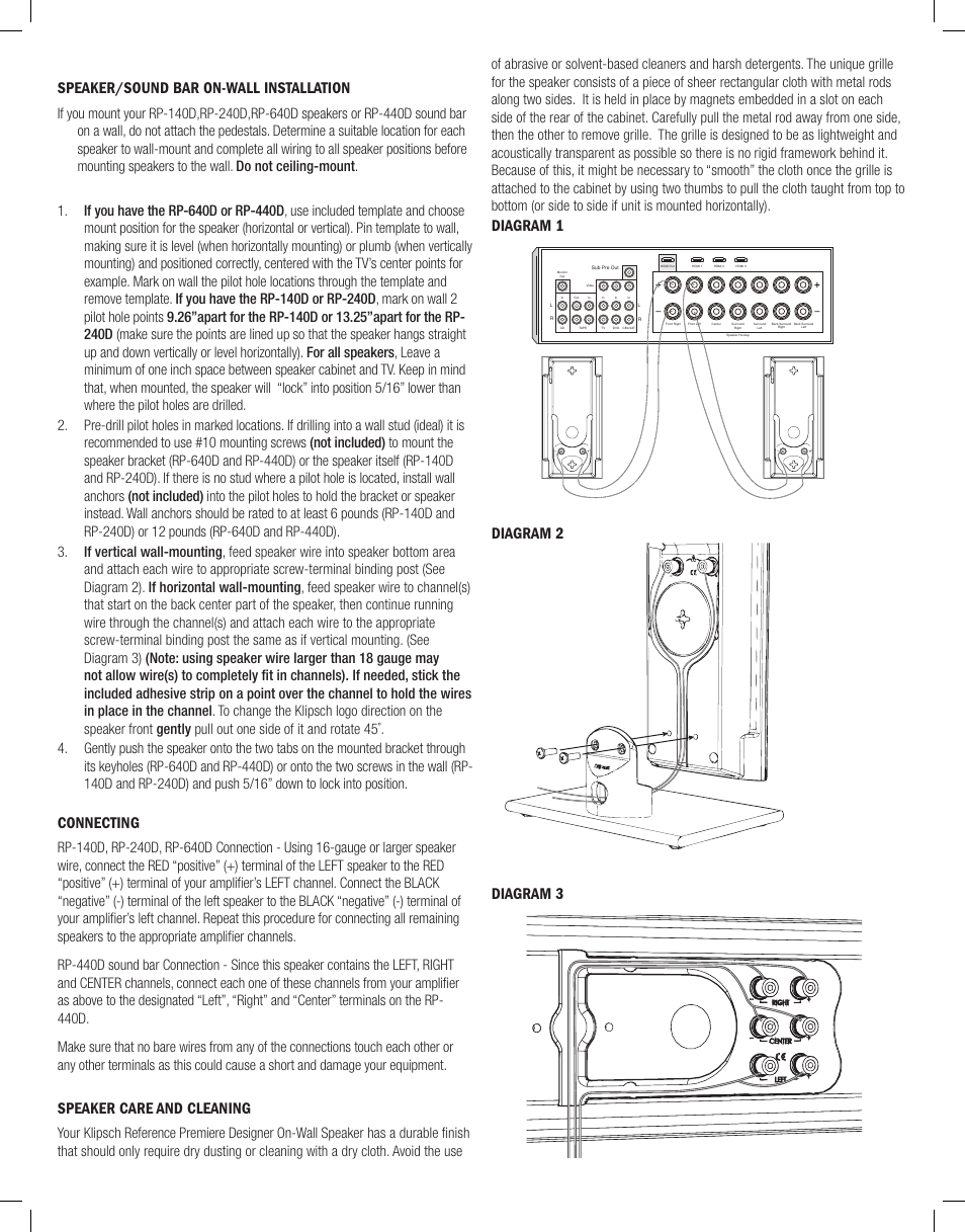 Speaker/sound bar on-wall installation, Connecting, Speaker care and cleaning | Diagram 1 diagram 2 diagram 3 | Klipsch Reference Premiere Designer On-Wall RP-640D 2-Way Speaker (Matte Black, Single) User Manual | Page 4 / 28