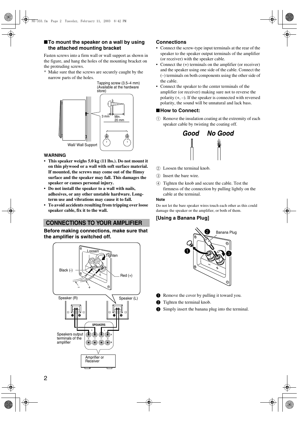 Connections to your amplifier | Yamaha NS-333 2-Way Bookshelf Speakers (Black, Pair) User Manual | Page 2 / 3