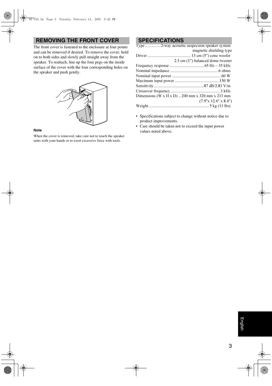 Removing the front cover specifications | Yamaha NS-333 2-Way Bookshelf Speakers (Black, Pair) User Manual | Page 3 / 3