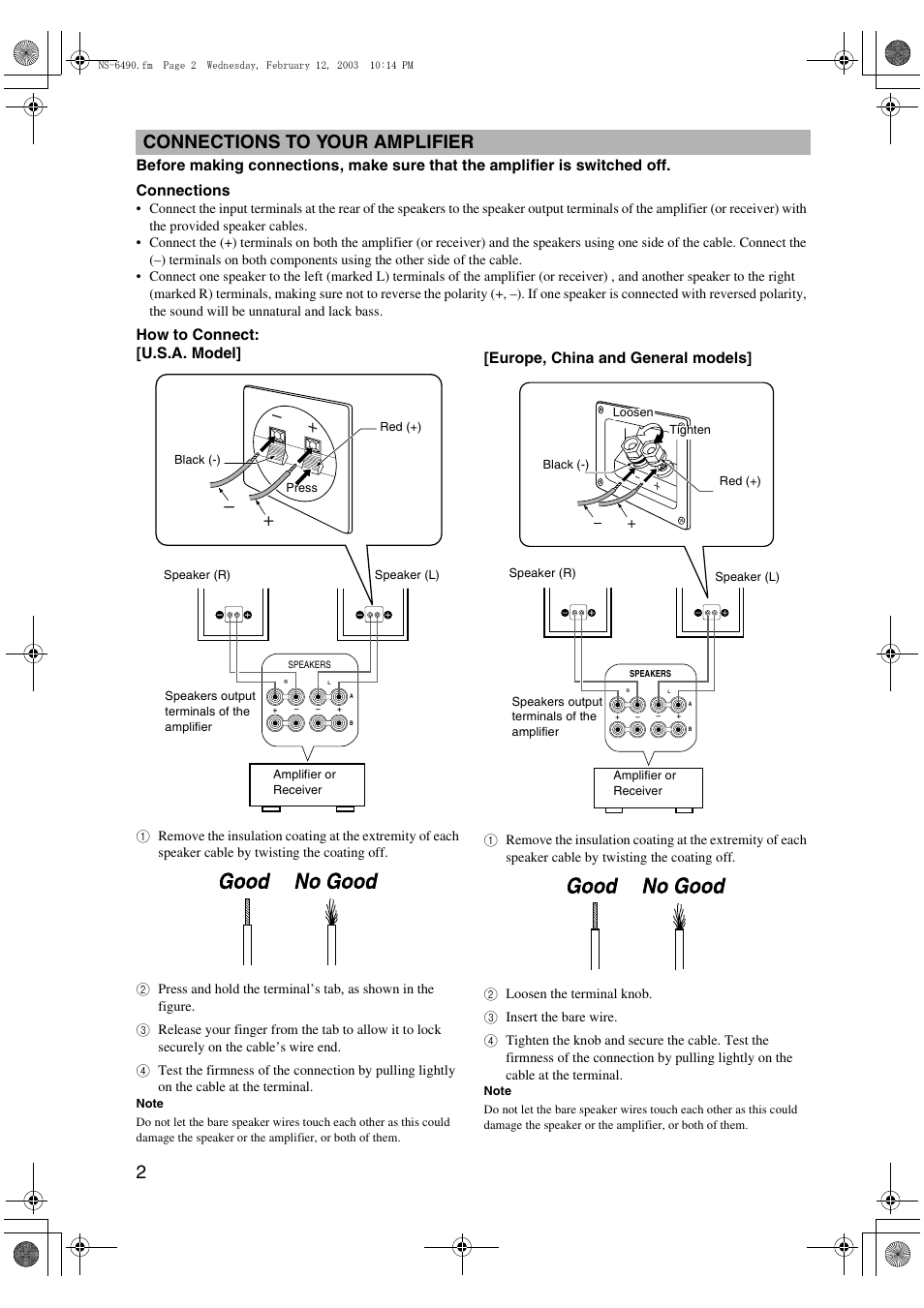 Connections to your amplifier, How to connect: [u.s.a. model, Europe, china and general models | Yamaha NS-6490 3-Way Bookshelf Speakers (Pair) User Manual | Page 2 / 3