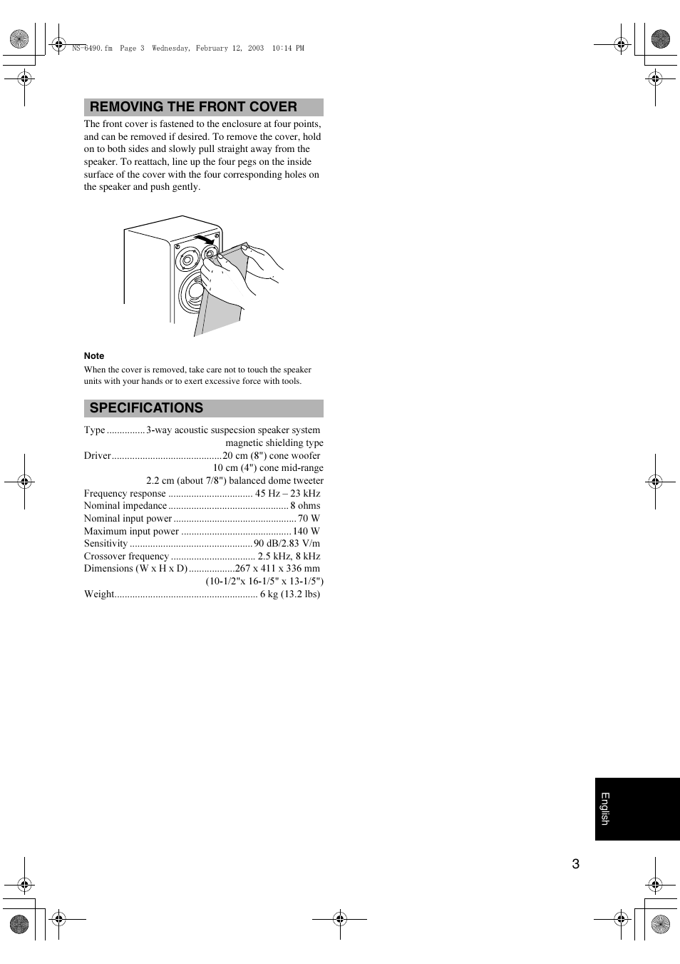 Removing the front cover specifications | Yamaha NS-6490 3-Way Bookshelf Speakers (Pair) User Manual | Page 3 / 3