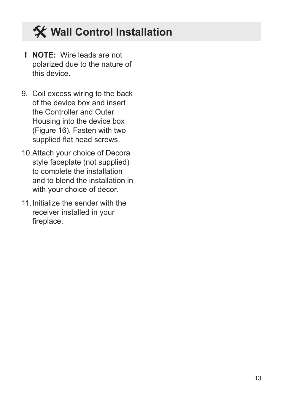Wall control installation | Dimplex Wall Switch Remote Control Kit WRCPF-KIT User Manual | Page 13 / 20