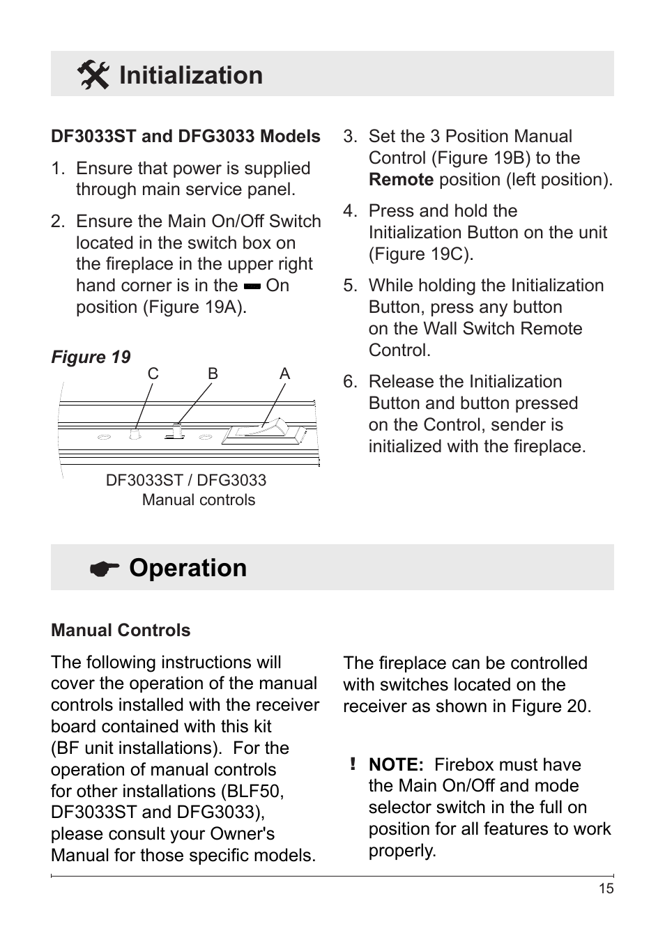 Operation, Initialization | Dimplex Wall Switch Remote Control Kit WRCPF-KIT User Manual | Page 15 / 20