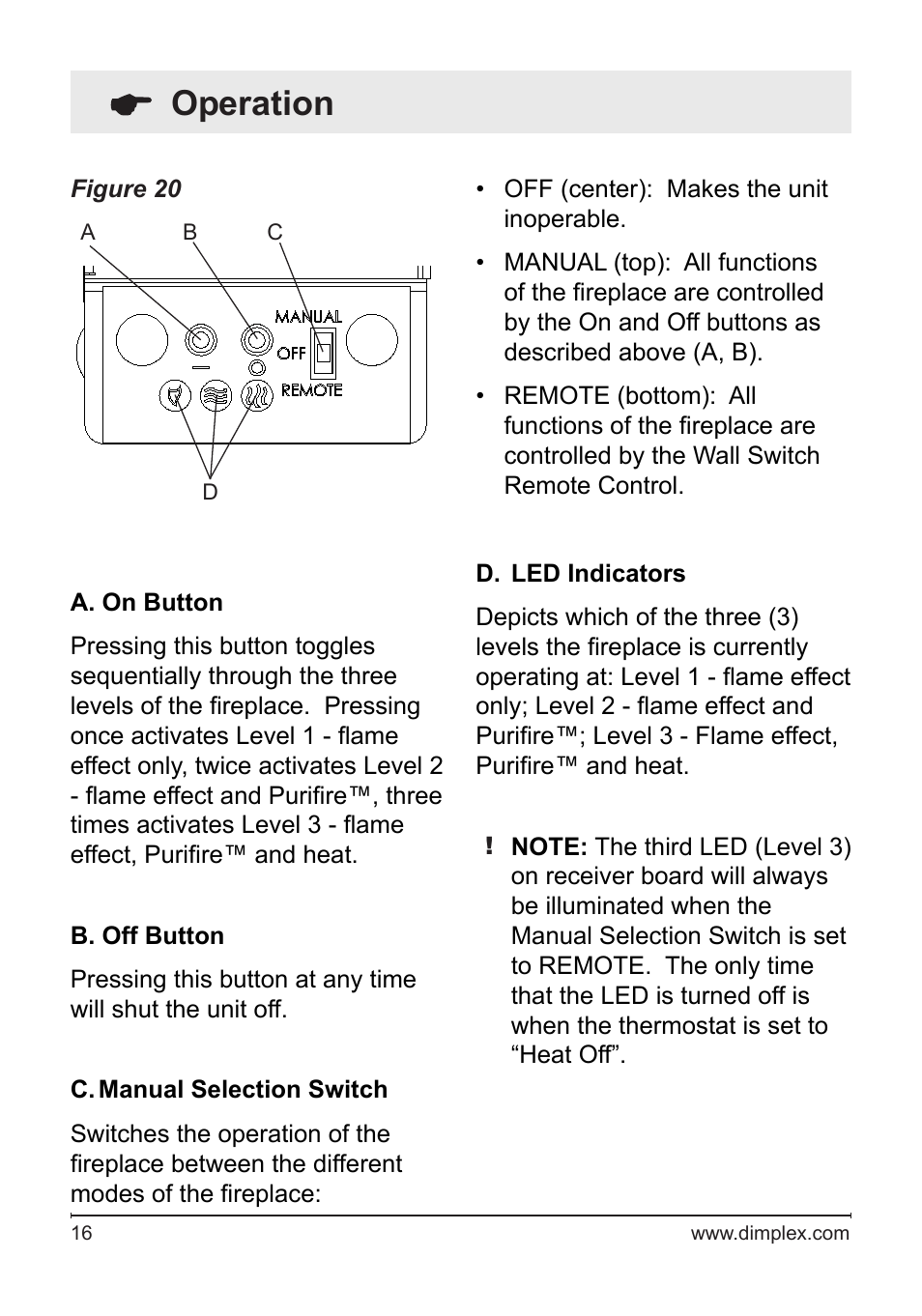 Operation | Dimplex Wall Switch Remote Control Kit WRCPF-KIT User Manual | Page 16 / 20