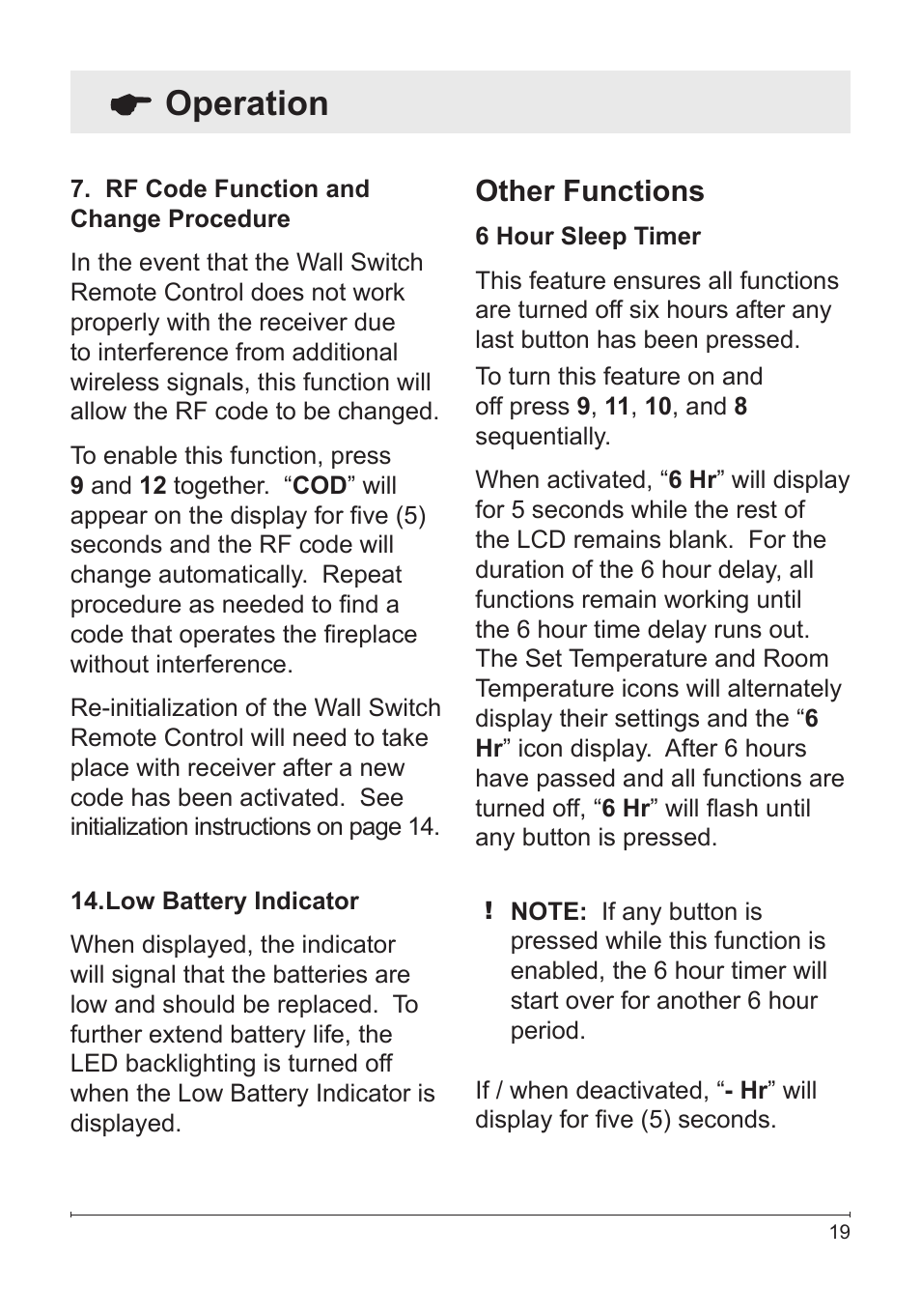 Operation, Other functions | Dimplex Wall Switch Remote Control Kit WRCPF-KIT User Manual | Page 19 / 20