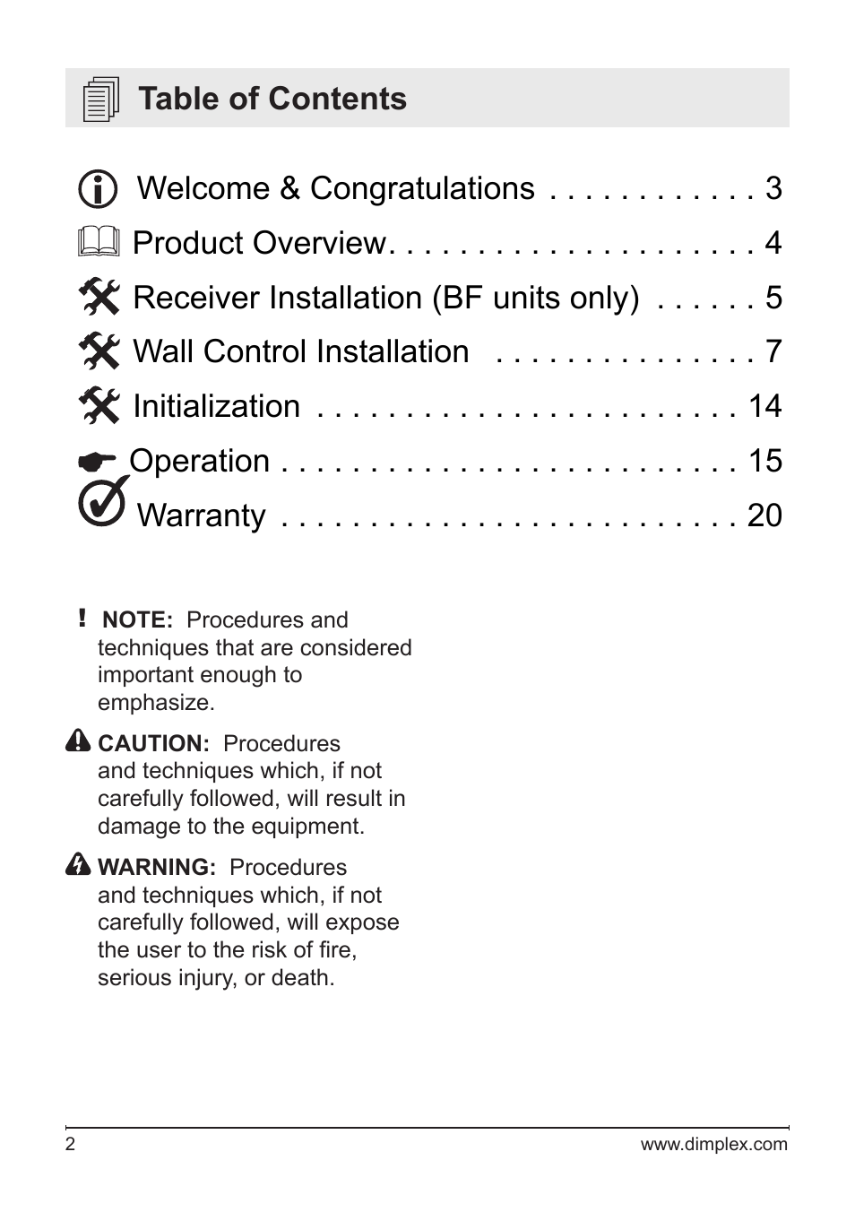 Dimplex Wall Switch Remote Control Kit WRCPF-KIT User Manual | Page 2 / 20