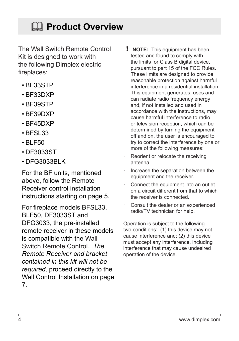 Product overview | Dimplex Wall Switch Remote Control Kit WRCPF-KIT User Manual | Page 4 / 20