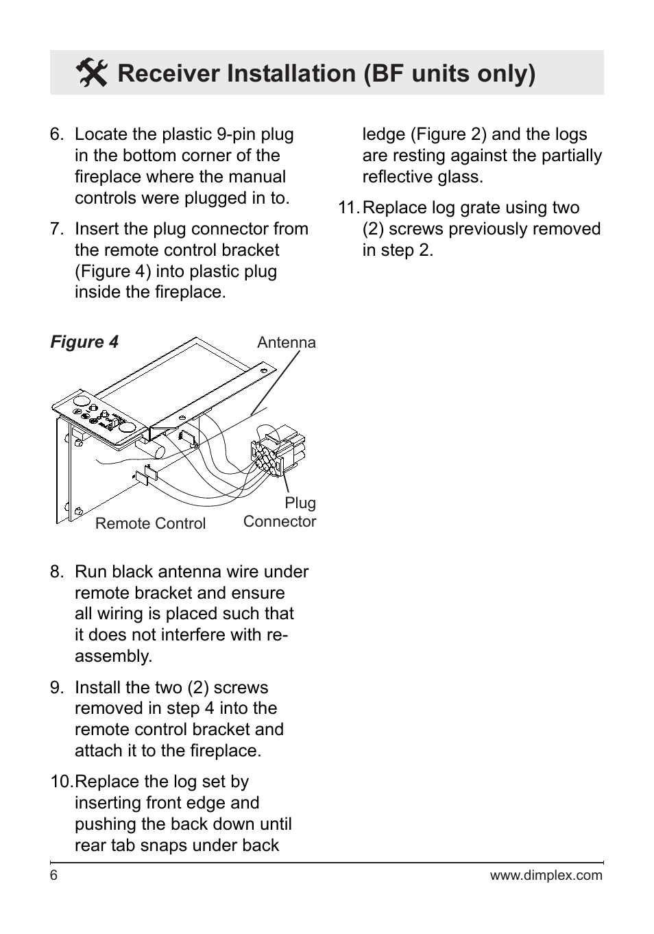 Receiver installation (bf units only) | Dimplex Wall Switch Remote Control Kit WRCPF-KIT User Manual | Page 6 / 20