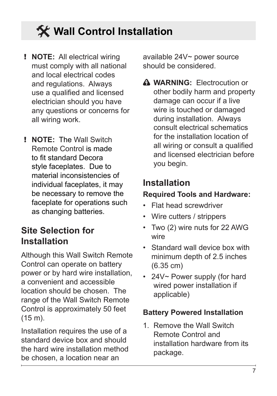 Wall control installation, Site selection for installation, Installation | Dimplex Wall Switch Remote Control Kit WRCPF-KIT User Manual | Page 7 / 20