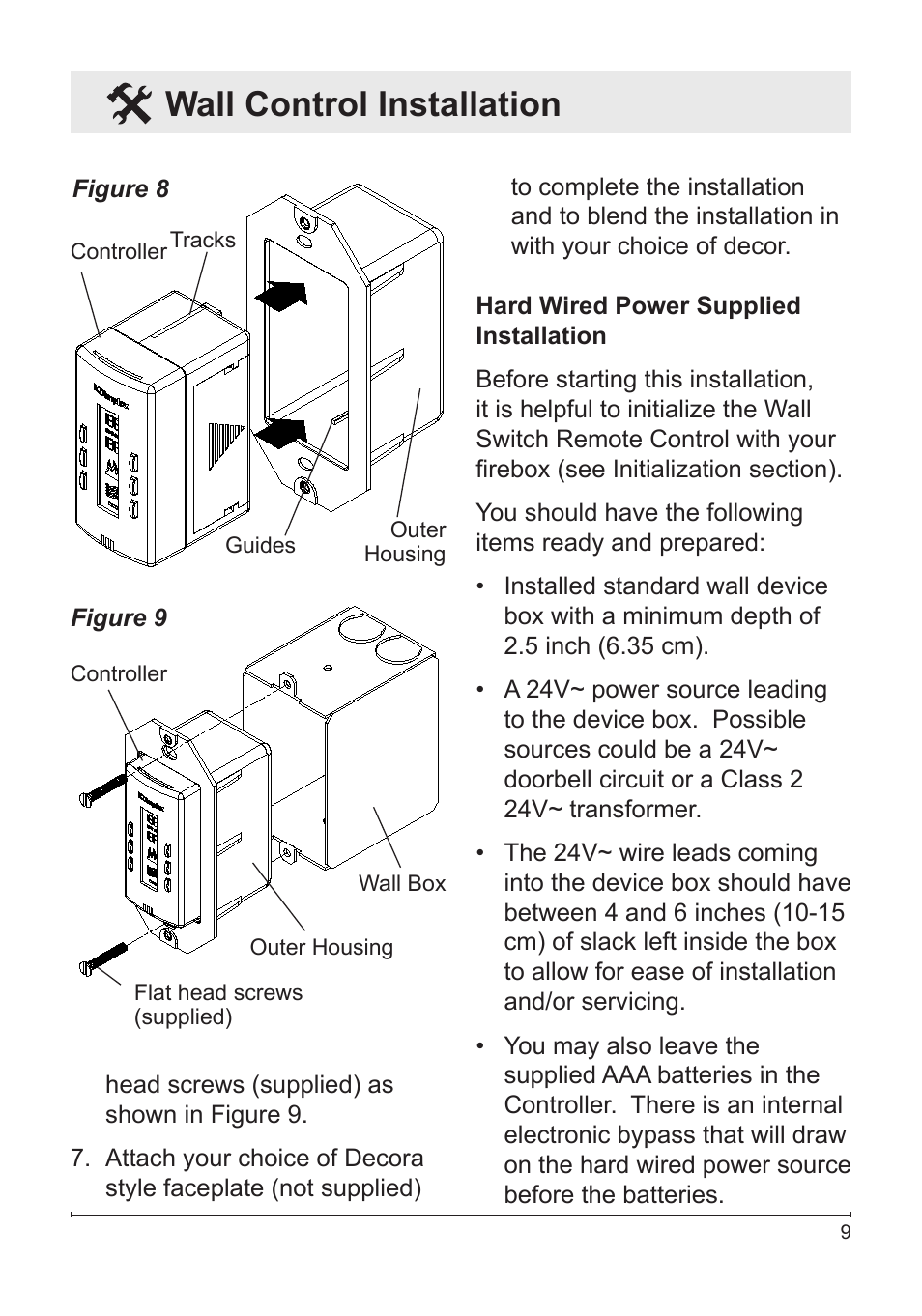 Wall control installation | Dimplex Wall Switch Remote Control Kit WRCPF-KIT User Manual | Page 9 / 20