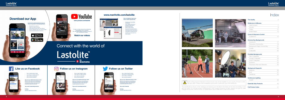 Connect with the world of, Index, Download our app | Watch our videos | Manfrotto Triflector MKII Frame + Silver/White Panels User Manual | Page 2 / 23