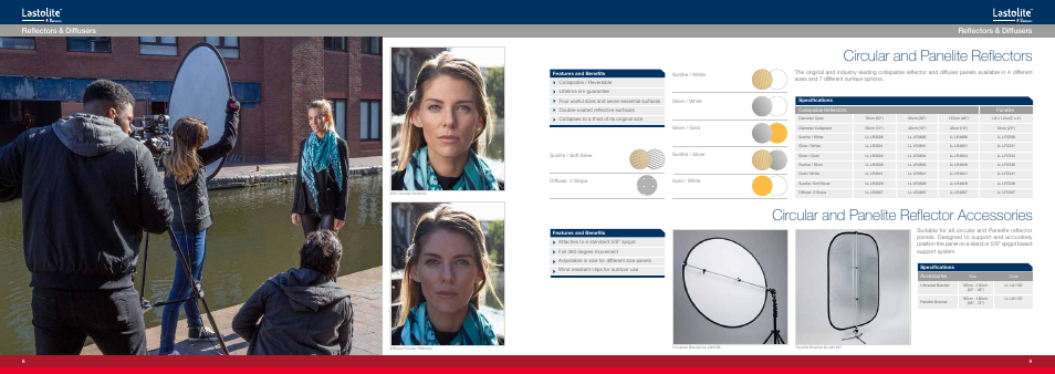 Circular and panelite reflectors, Circular and panelite reflector accessories, Reflectors & diffusers | Manfrotto Triflector MKII Frame + Silver/White Panels User Manual | Page 5 / 23