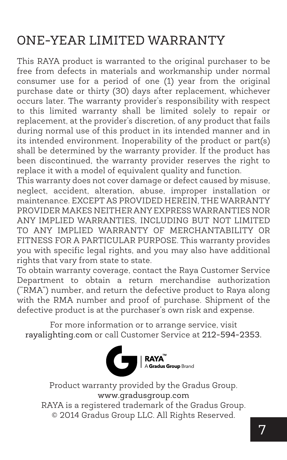 One-year limited warranty | Raya 5-in-1 Collapsible Reflector Disc (42") User Manual | Page 7 / 8