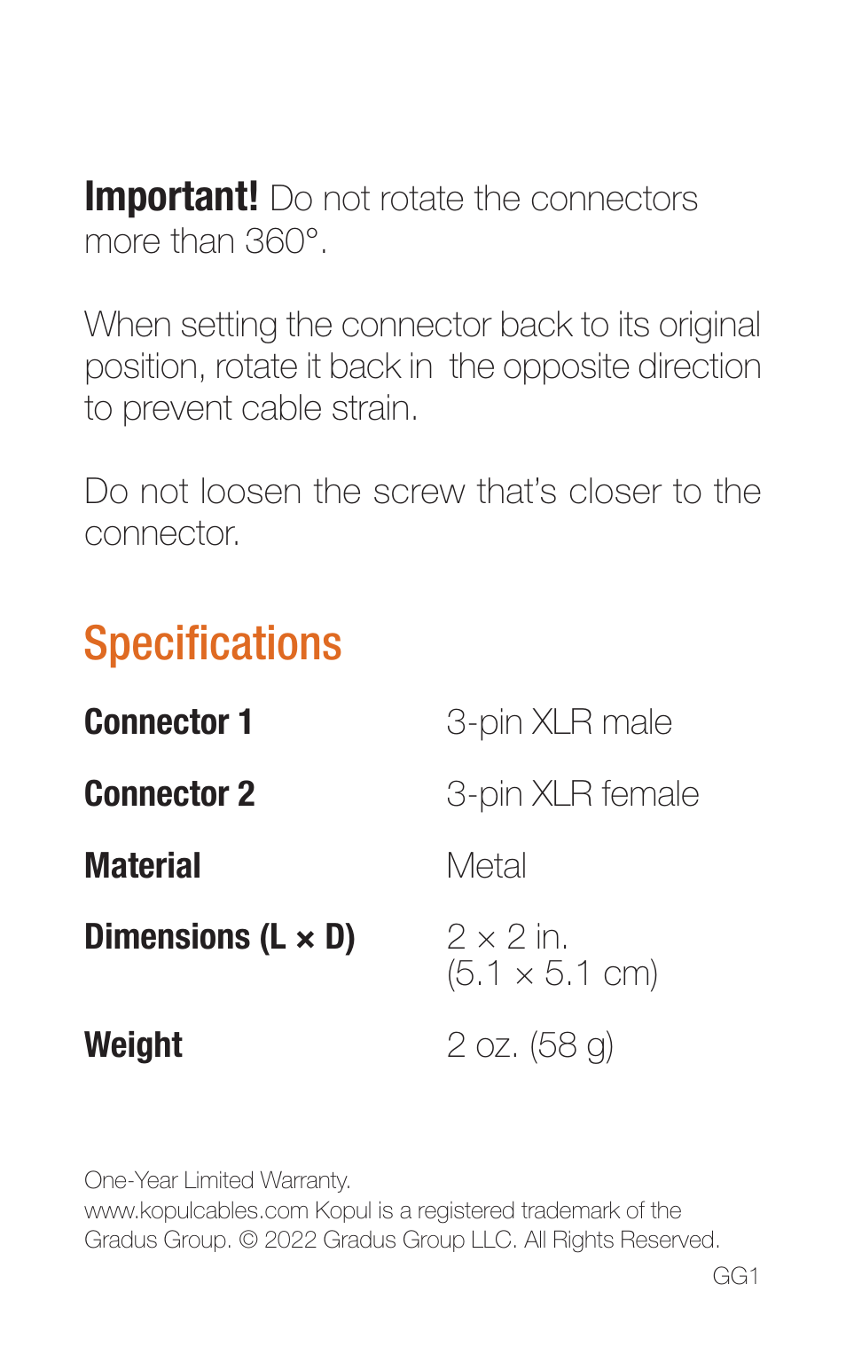 Specifications | Kopul XLR Twist-360 Angled XLR Adapter User Manual | Page 2 / 2