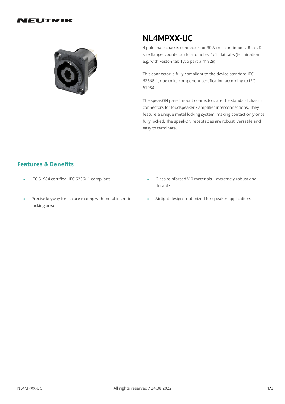 Neutrik NL4MPXX-UC 4-Pole Male speakON Chassis Connector User Manual | 2 pages