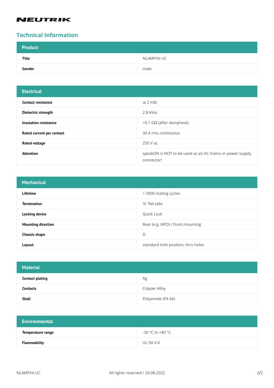 Technical information, Product, Electrical | Mechanical, Material, Environmental | Neutrik NL4MPXX-UC 4-Pole Male speakON Chassis Connector User Manual | Page 2 / 2