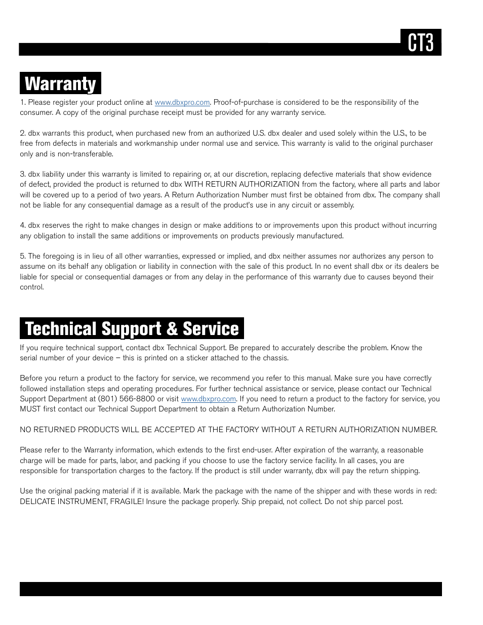 Warranty, Technical support & service | dbx CT-3 Advanced Cable Tester User Manual | Page 2 / 10