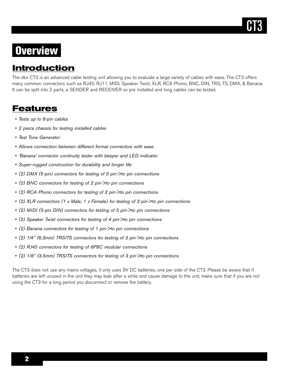 Overview, Introduction, Features | dbx CT-3 Advanced Cable Tester User Manual | Page 4 / 10