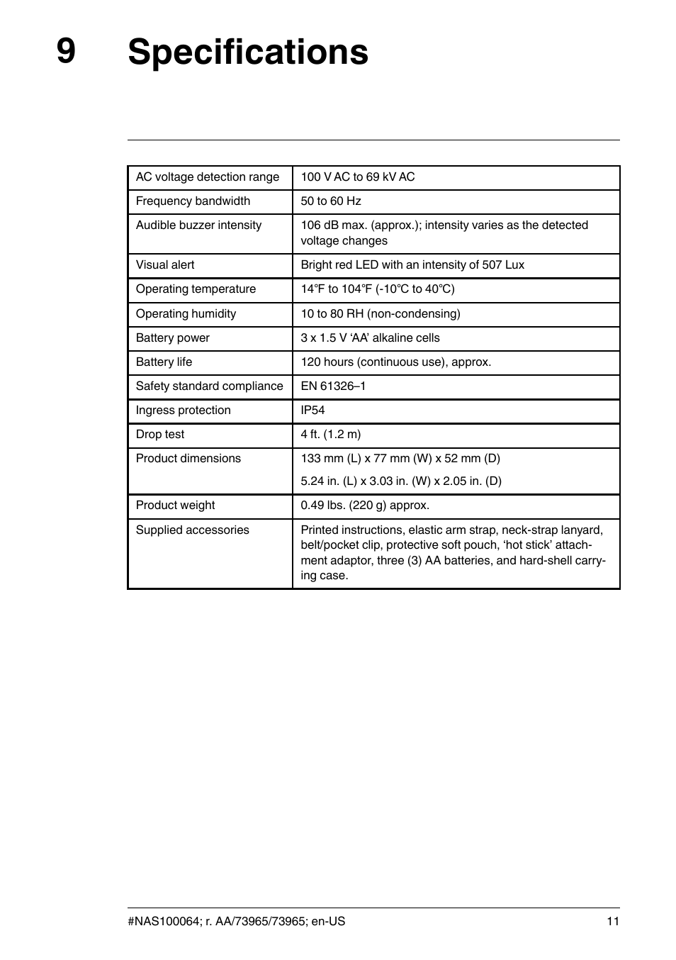 9 specifications, Specifications, Specifications 9 | FLIR Extech DV690 Non-Contact High-Voltage Detector User Manual | Page 13 / 18