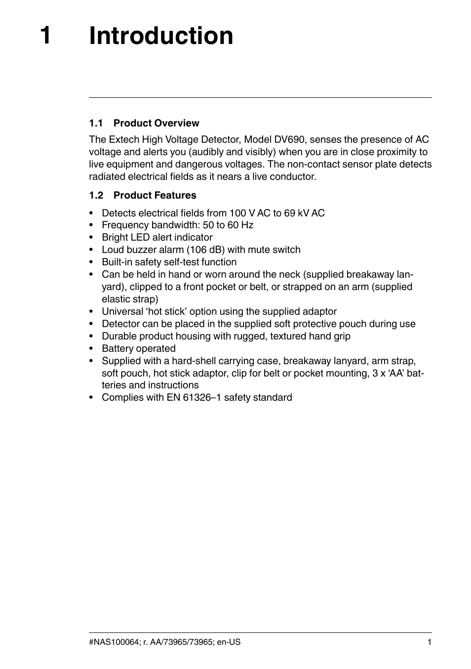 1 introduction, 1 product overview, 2 product features | Introduction, Product overview, Product features, Introduction 1 | FLIR Extech DV690 Non-Contact High-Voltage Detector User Manual | Page 3 / 18