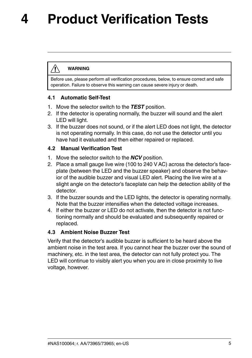 4 product verification tests, 1 automatic self-test, 2 manual verification test | 3 ambient noise buzzer test, Product verification tests, Automatic self-test, Manual verification test, Ambient noise buzzer test, Product verification tests 4 | FLIR Extech DV690 Non-Contact High-Voltage Detector User Manual | Page 7 / 18