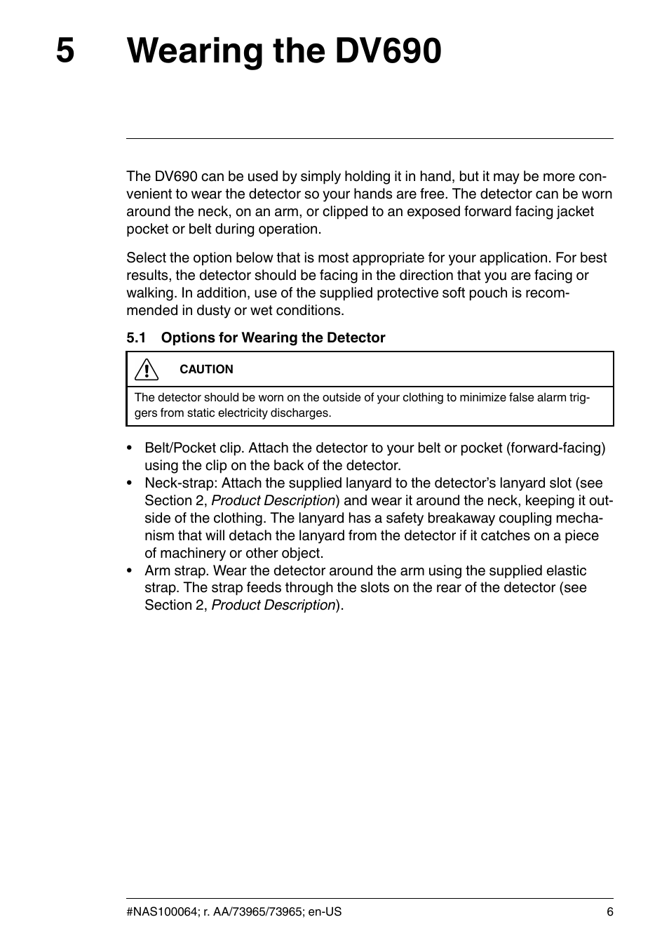 5 wearing the dv690, 1 options for wearing the detector, Wearing the dv690 | Options for wearing the detector, Wearing the dv690 5 | FLIR Extech DV690 Non-Contact High-Voltage Detector User Manual | Page 8 / 18