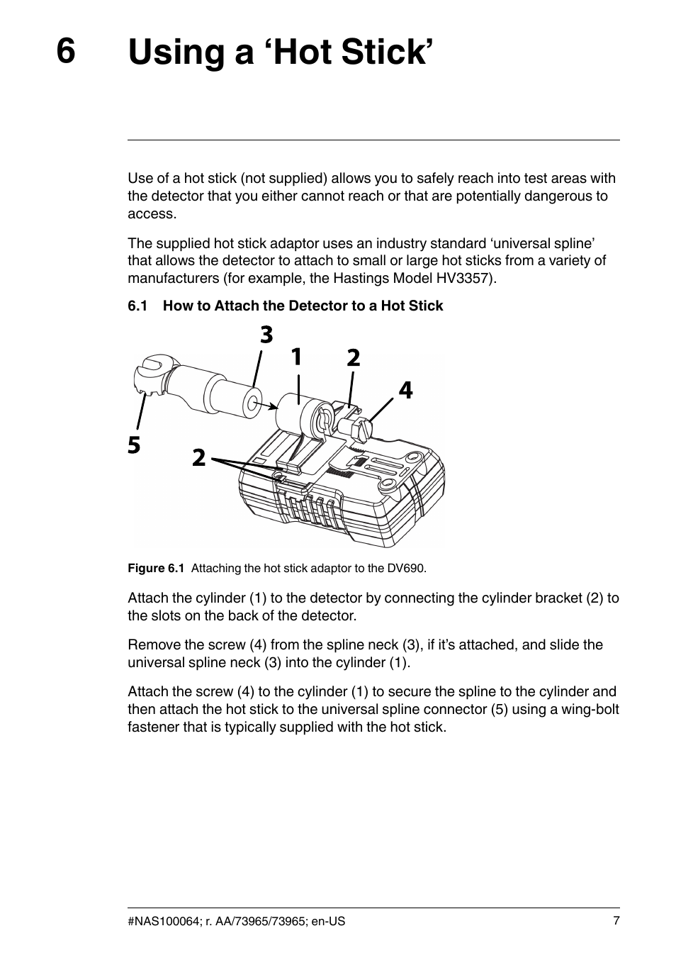 6 using a ‘hot stick, 1 how to attach the detector to a hot stick, Using a ‘hot stick | How to attach the detector to a hot stick, Using a ‘hot stick’ 6 | FLIR Extech DV690 Non-Contact High-Voltage Detector User Manual | Page 9 / 18