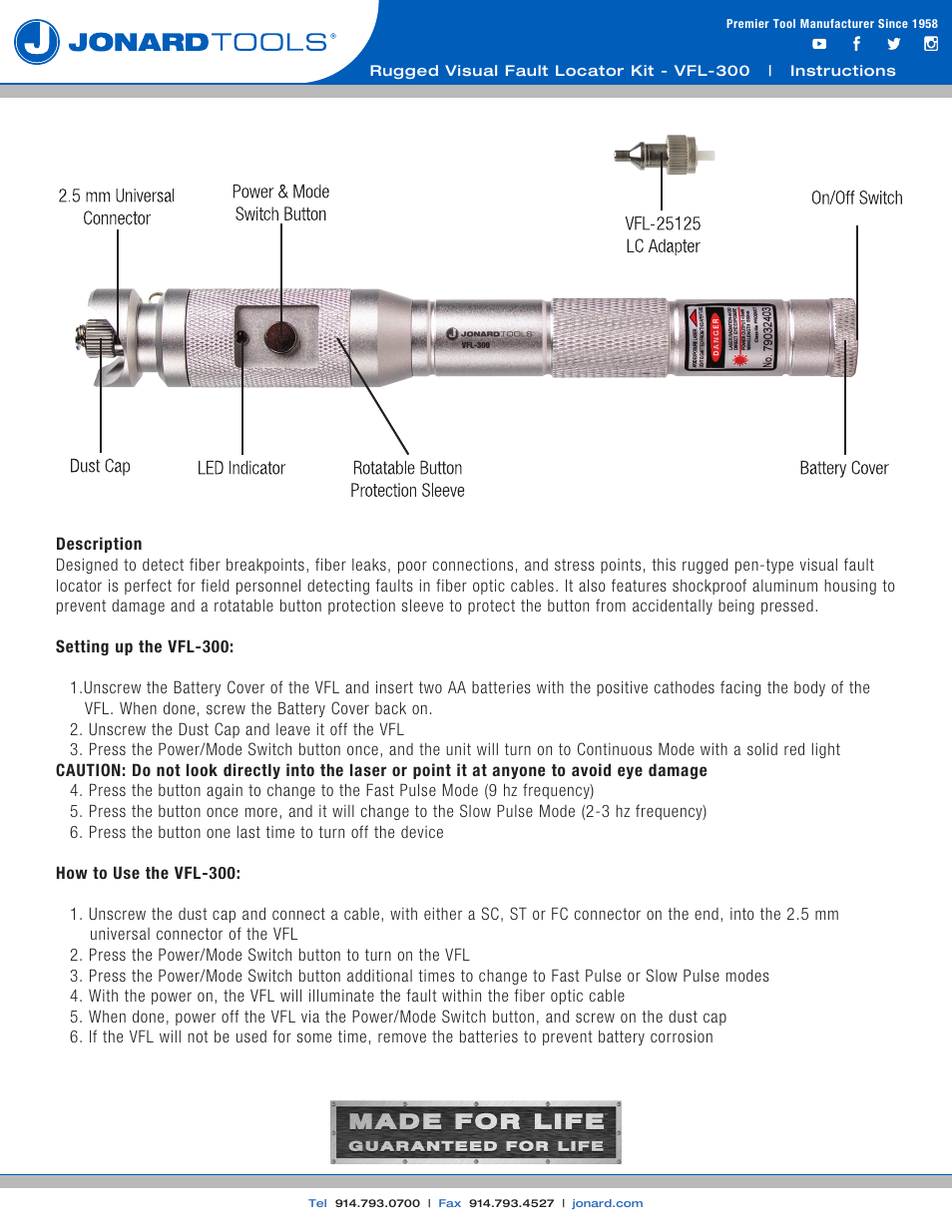 Jonard Tools VFL-300 Rugged Visual Fault Locator Kit User Manual | 1 page