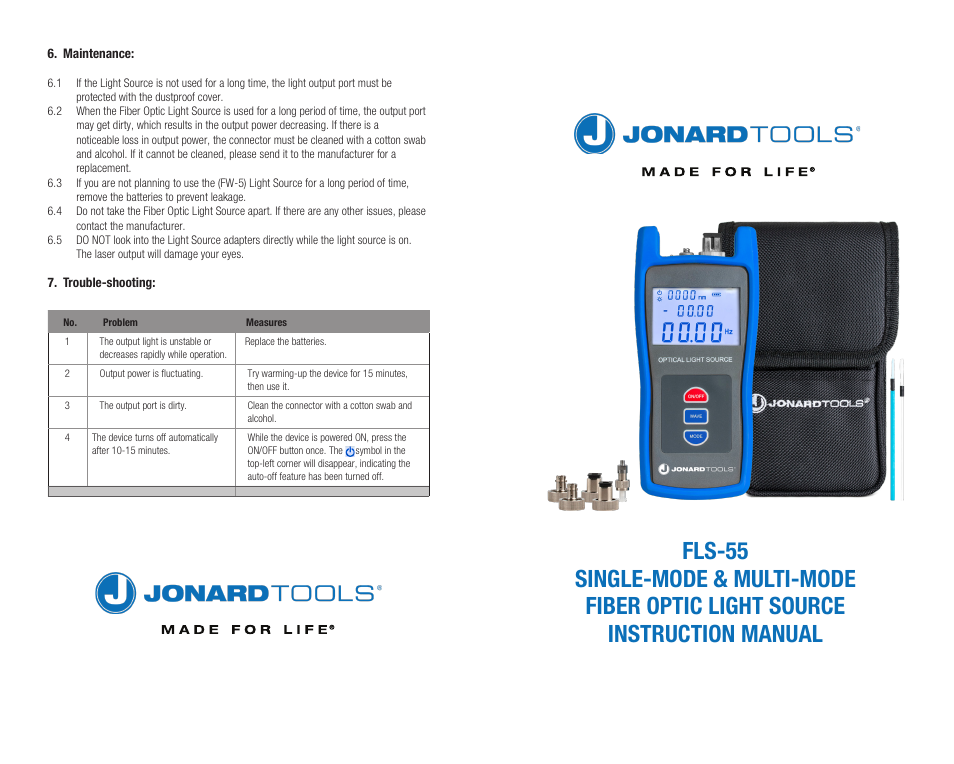 Jonard Tools FLS-55 Multi-Mode & Single-Mode Optical Light Source with FC/LC/SC (PC/UPC) Adapters User Manual | 2 pages