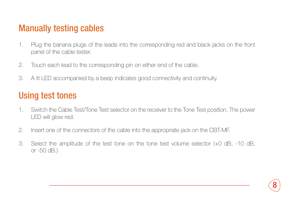 Manually testing cables, Using test tones | Kopul CBT-MF Multi-Function Cable Tester with Dual Chassis User Manual | Page 9 / 12