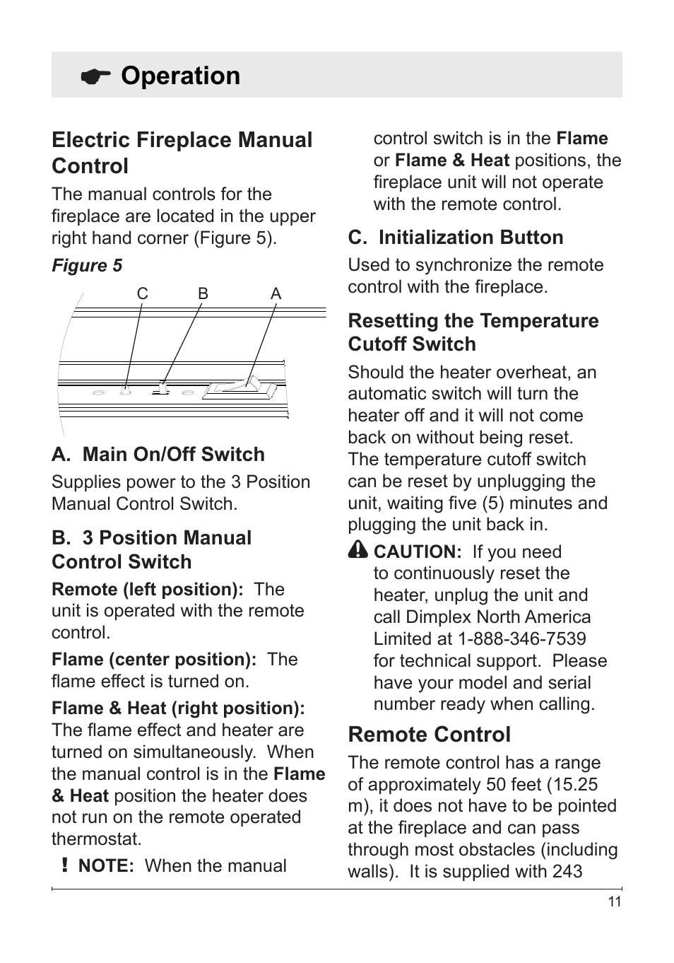 Operation, Electric fireplace manual control, Remote control | Dimplex Fireplace DFG3033 User Manual | Page 11 / 22
