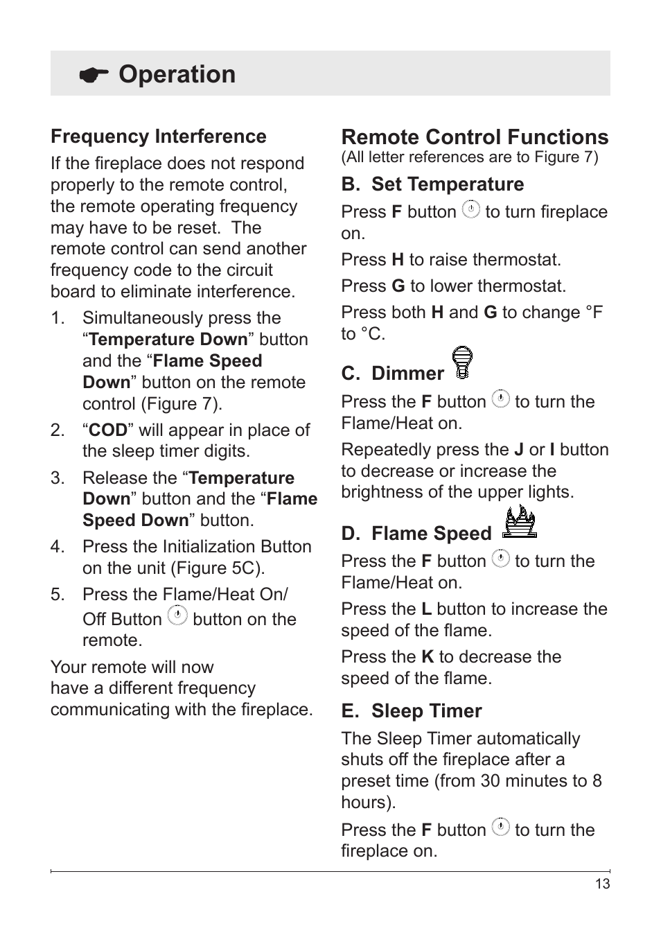 Operation, Remote control functions | Dimplex Fireplace DFG3033 User Manual | Page 13 / 22