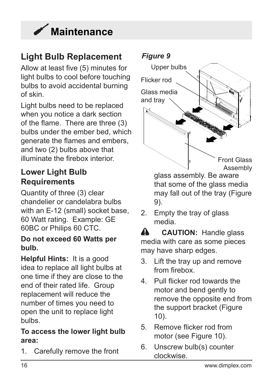 Maintenance, Light bulb replacement | Dimplex Fireplace DFG3033 User Manual | Page 16 / 22