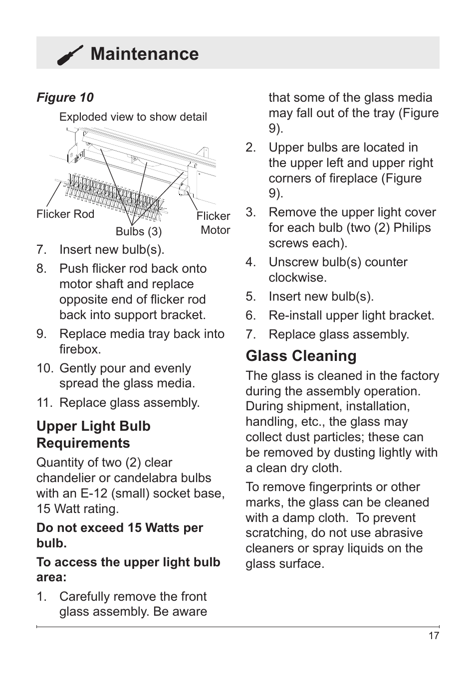 Maintenance, Glass cleaning | Dimplex Fireplace DFG3033 User Manual | Page 17 / 22