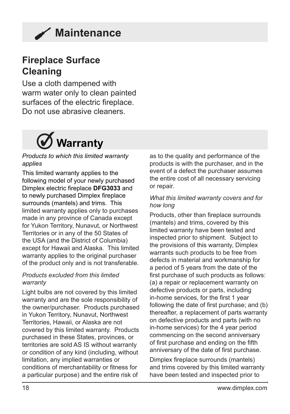 Warranty, Maintenance, Fireplace surface cleaning | Dimplex Fireplace DFG3033 User Manual | Page 18 / 22