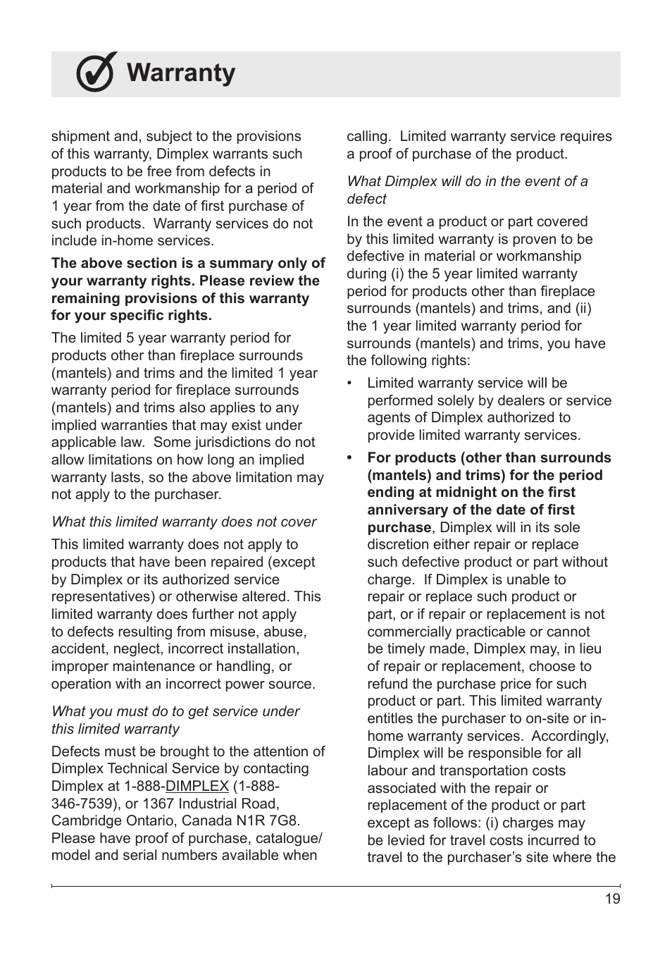 Warranty | Dimplex Fireplace DFG3033 User Manual | Page 19 / 22