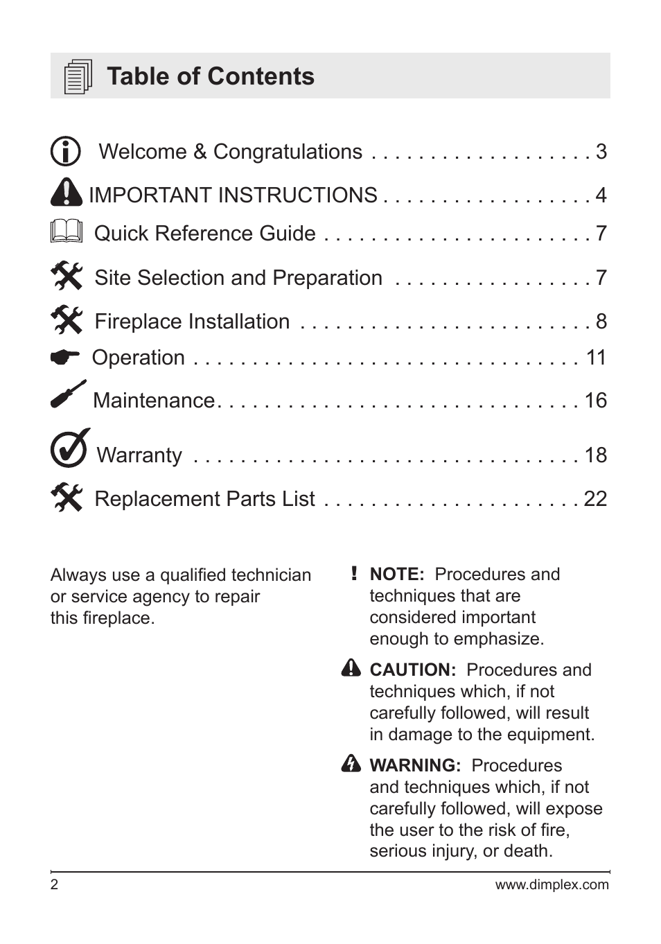 Dimplex Fireplace DFG3033 User Manual | Page 2 / 22